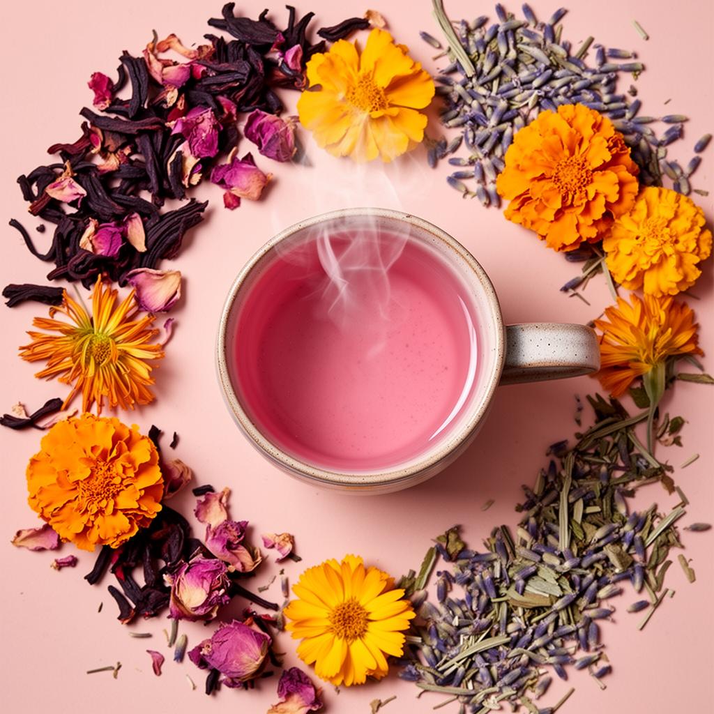 Vibrant herbal tea ingredients in a stoneware mug