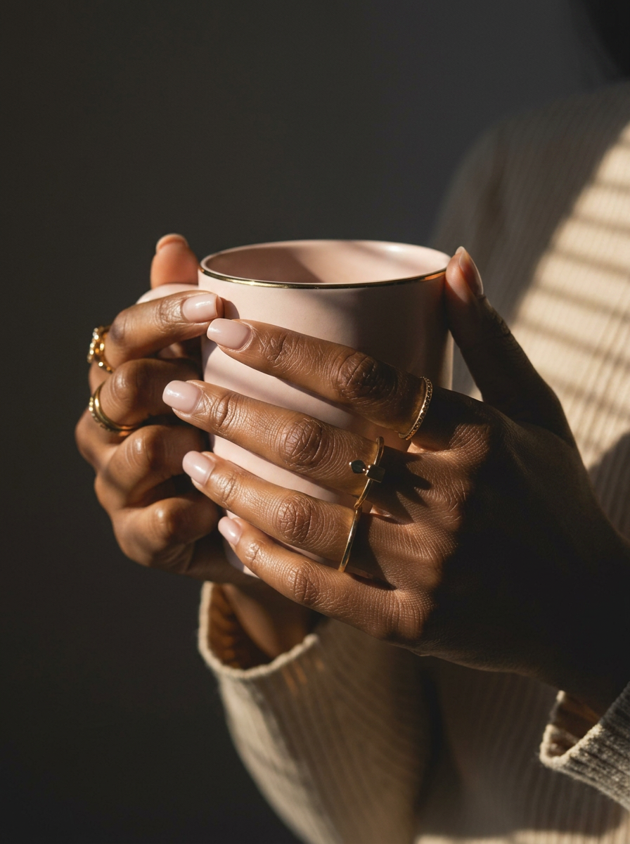Hands cradling a pink teacup